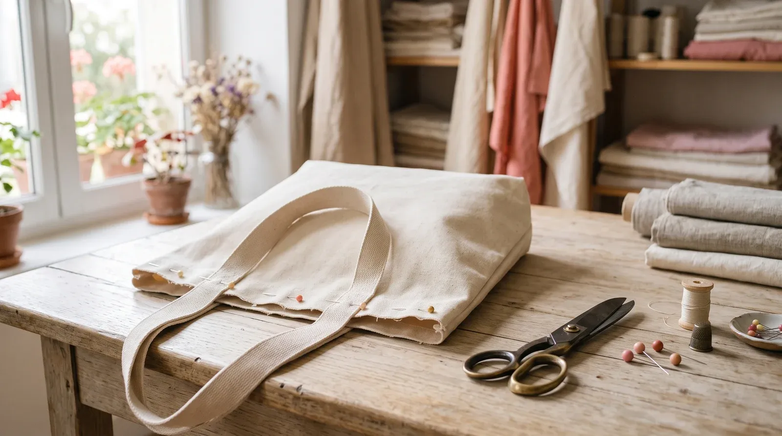 Tote bag en toile de coton naturelle en cours d’assemblage, ses deux anses épinglées