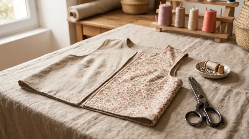 Gilet sans manches ouvert à plat sur une nappe de lin, un côté en lin beige uni et l'autre en coton imprimé de petites fleurs roses, à côté de vieux ciseaux de couturière et d'une coupelle d'épingles avec un dé à coudre