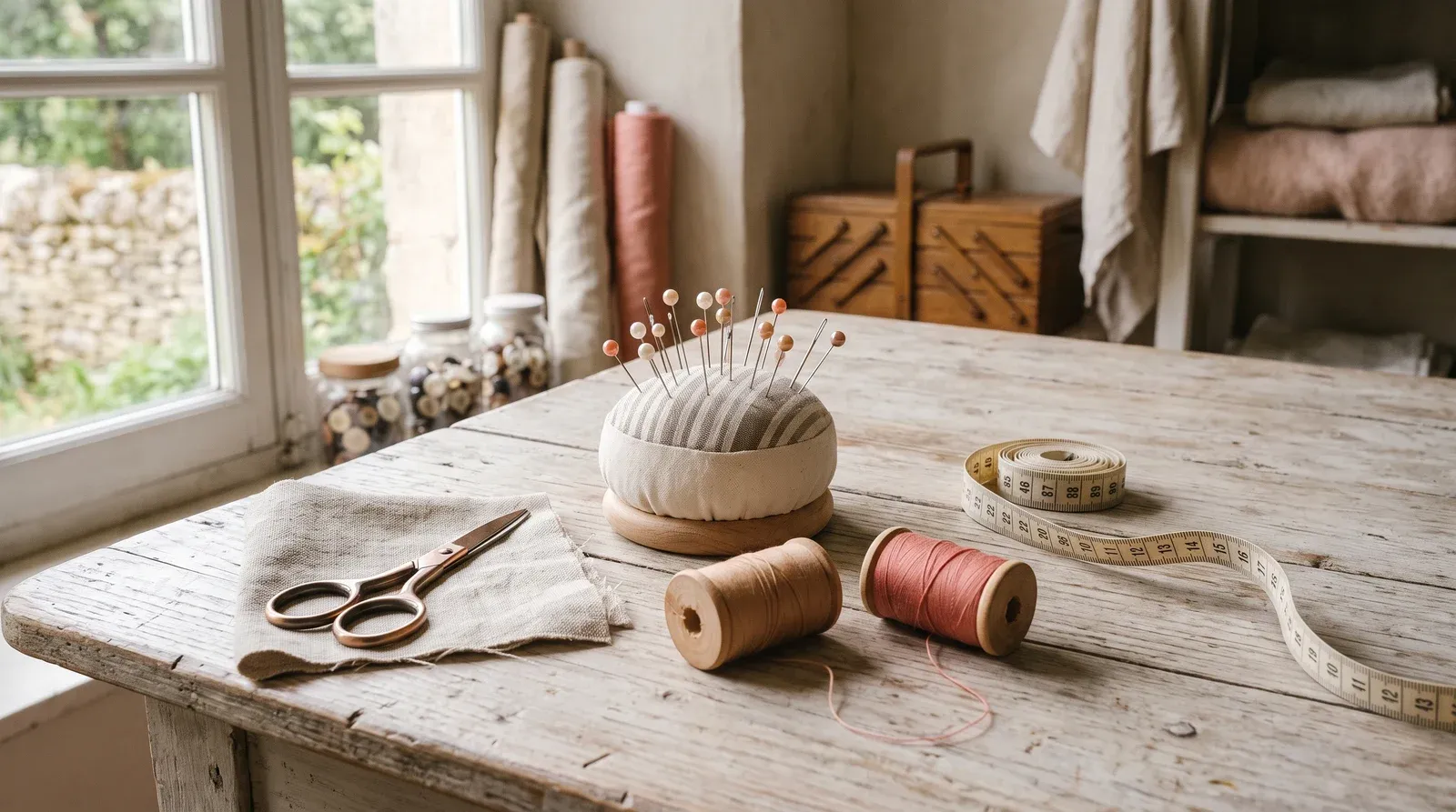 Trousse de couture de débutant à plat : petits ciseaux, pelote d'épingles, bobines et mètre ruban