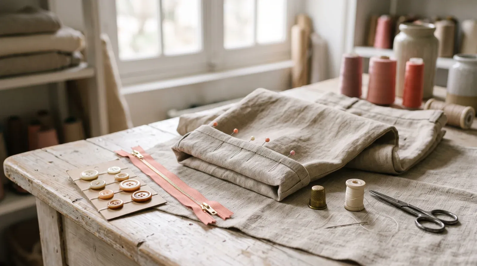 Nécessaire de retouche : bas de pantalon replié et épinglé, plaquette de boutons et fermeture éclair