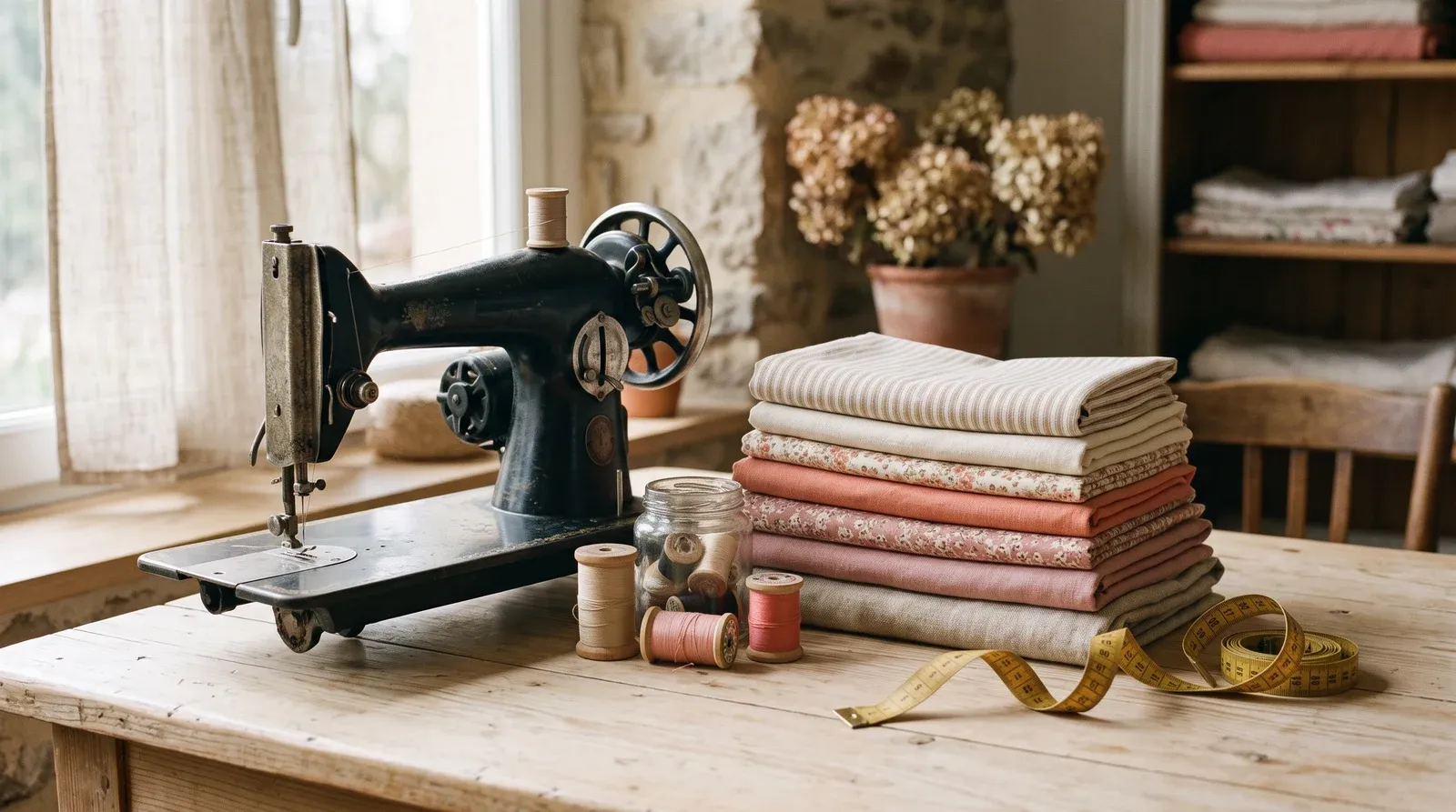 Machine à coudre noire ancienne près d'une fenêtre, pile de tissus pliés rayés, fleuris, corail et rose, bobines de fil en bois et mètre ruban jaune déroulé sur une table en bois clair