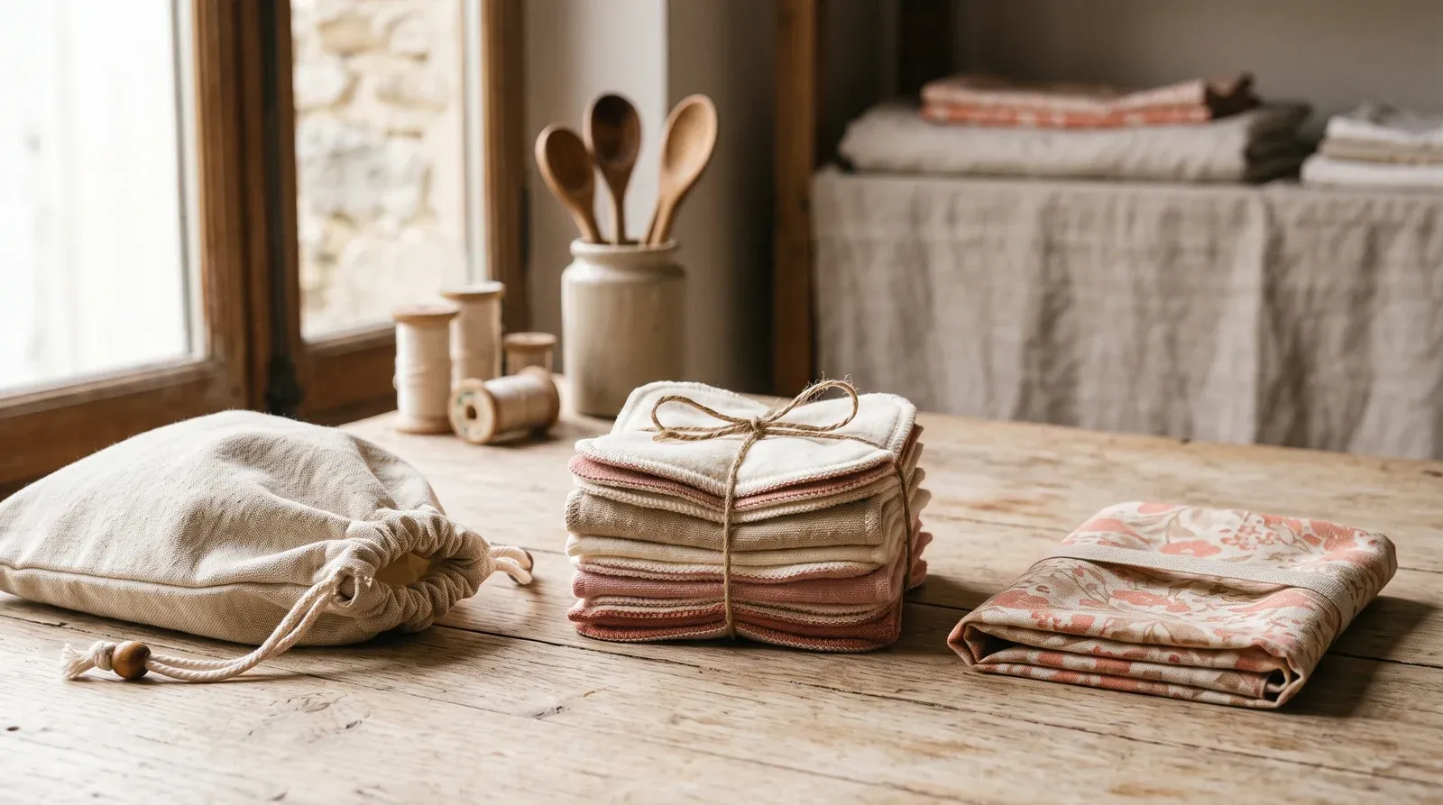Lingettes lavables empilées, sac à vrac en coton à cordon et emballage en tissu plié