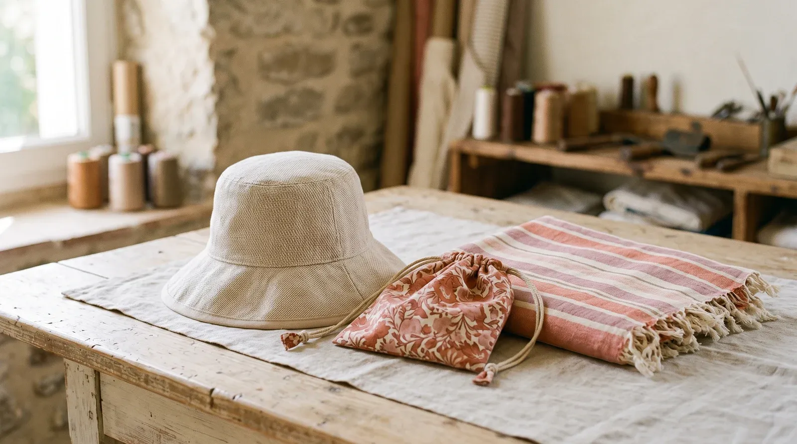 Accessoires d'été cousus main : chapeau en coton léger, pochette à cordon et drap de plage rayé