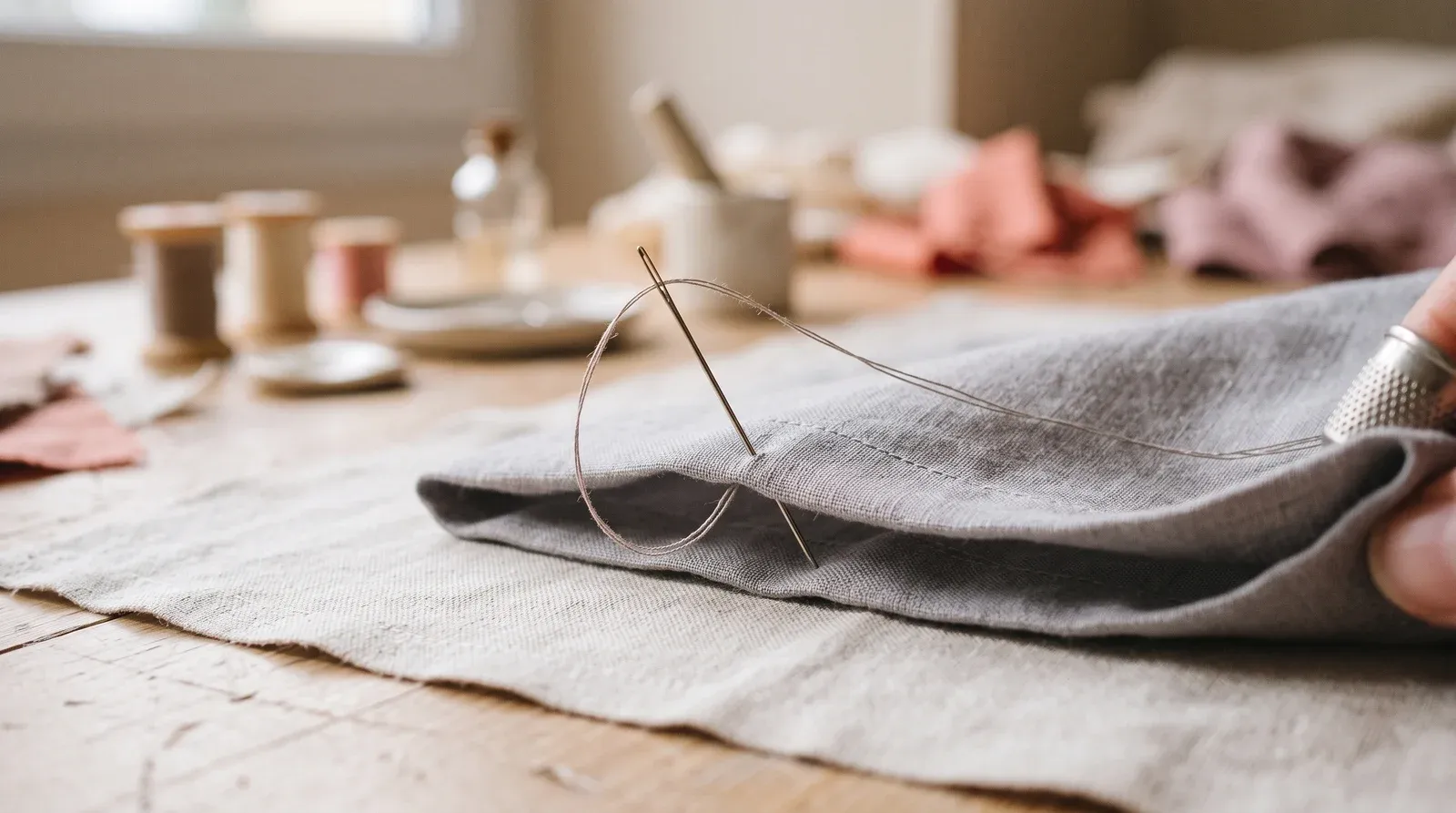 Gros plan d'une aiguille fine formant un point invisible dans le pli d'un tissu gris