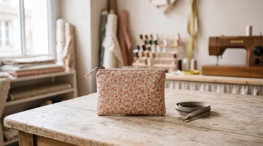 Petite trousse plate en coton imprimé, à côté d'une fermeture éclair métallique