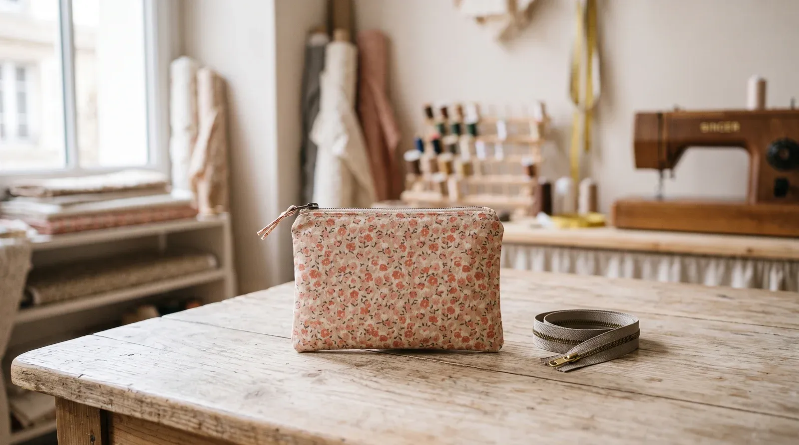 Petite trousse plate en coton imprimé, à côté d'une fermeture éclair métallique