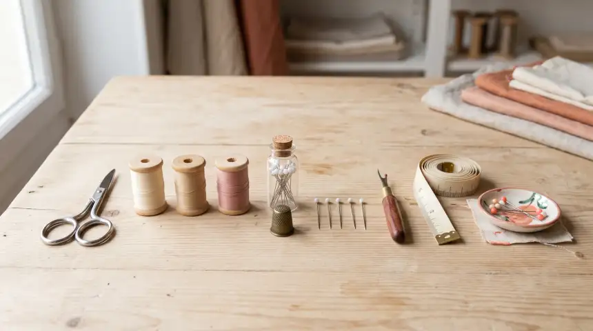 Contenu d'une trousse de couture disposé à plat : ciseaux, dé, découd-vite, épingles, mètre et fil