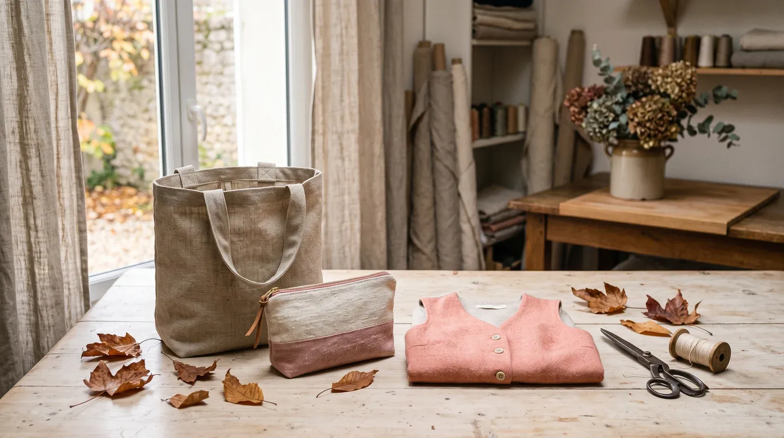 Sac cabas en lin beige, trousse zippée écrue et rose poudré et gilet sans manches corail plié, alignés sur une table en bois clair parmi des feuilles mortes, avec de vieux ciseaux de couturière et une bobine de fil en bois