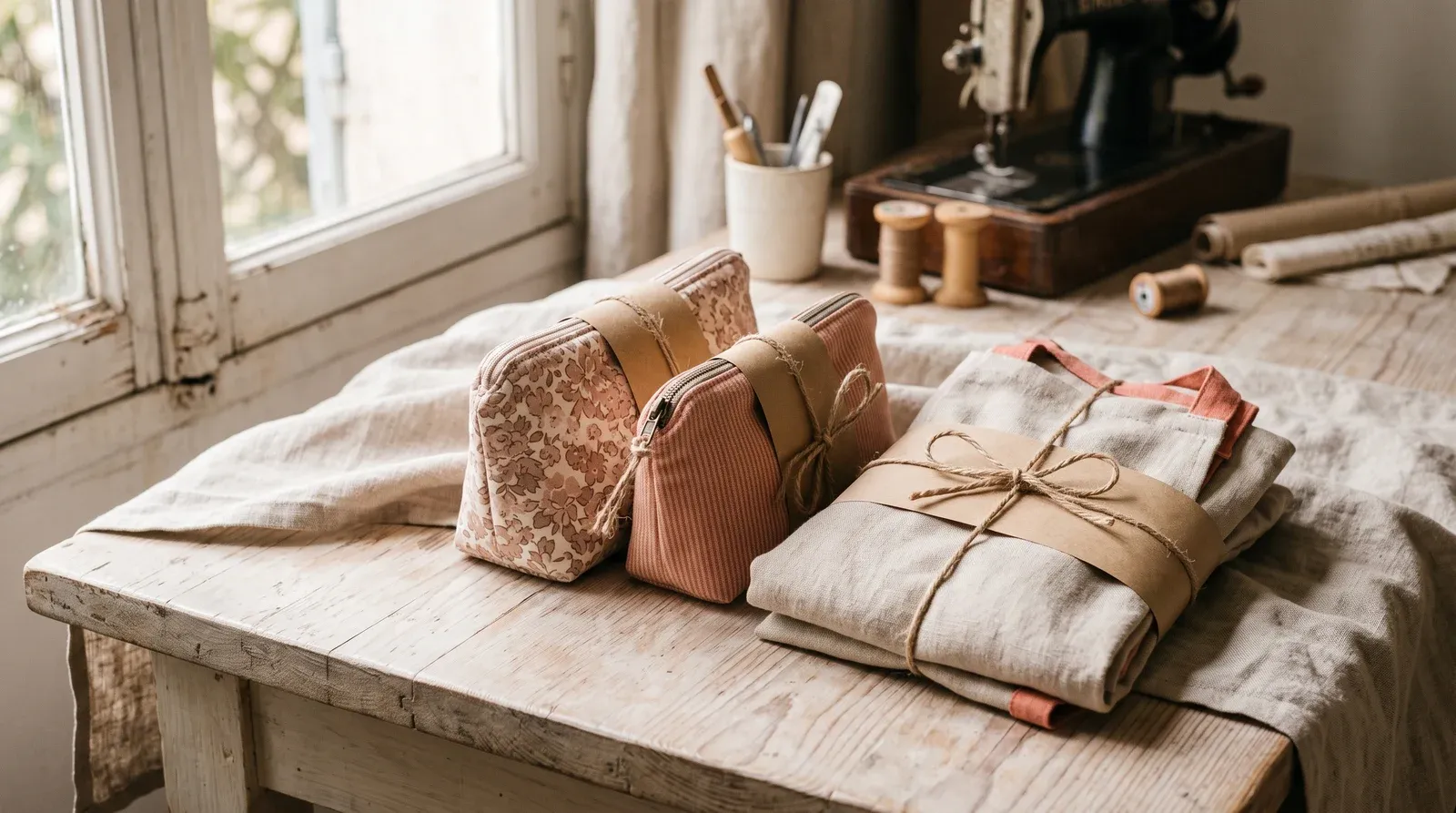 Petits cadeaux cousus main, trousses zippées et tablier plié, noués de papier kraft et de ficelle
