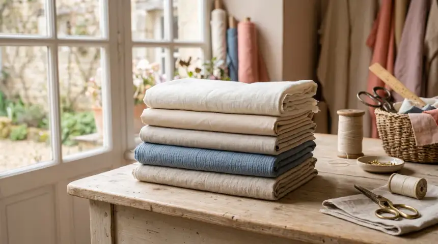 Pile de tissus pliés, coton, lin et popeline, dans des tons crème, sable et bleu poussière