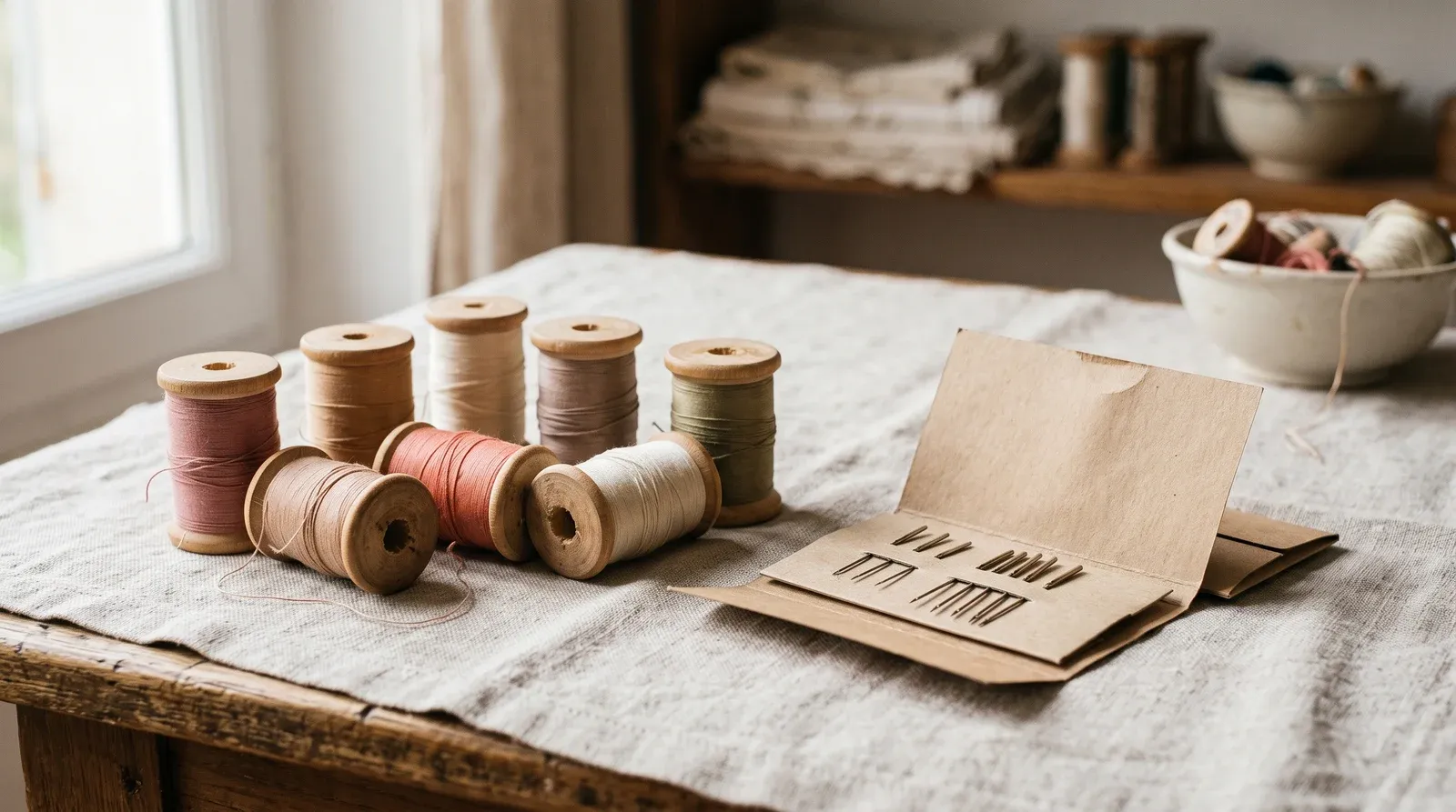 Bobines de fil en bois dans des tons doux, à côté d'une pochette d'aiguilles de machine à coudre