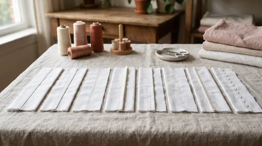Échantillons de coton blanc alignés, montrant chacun une couture machine différente