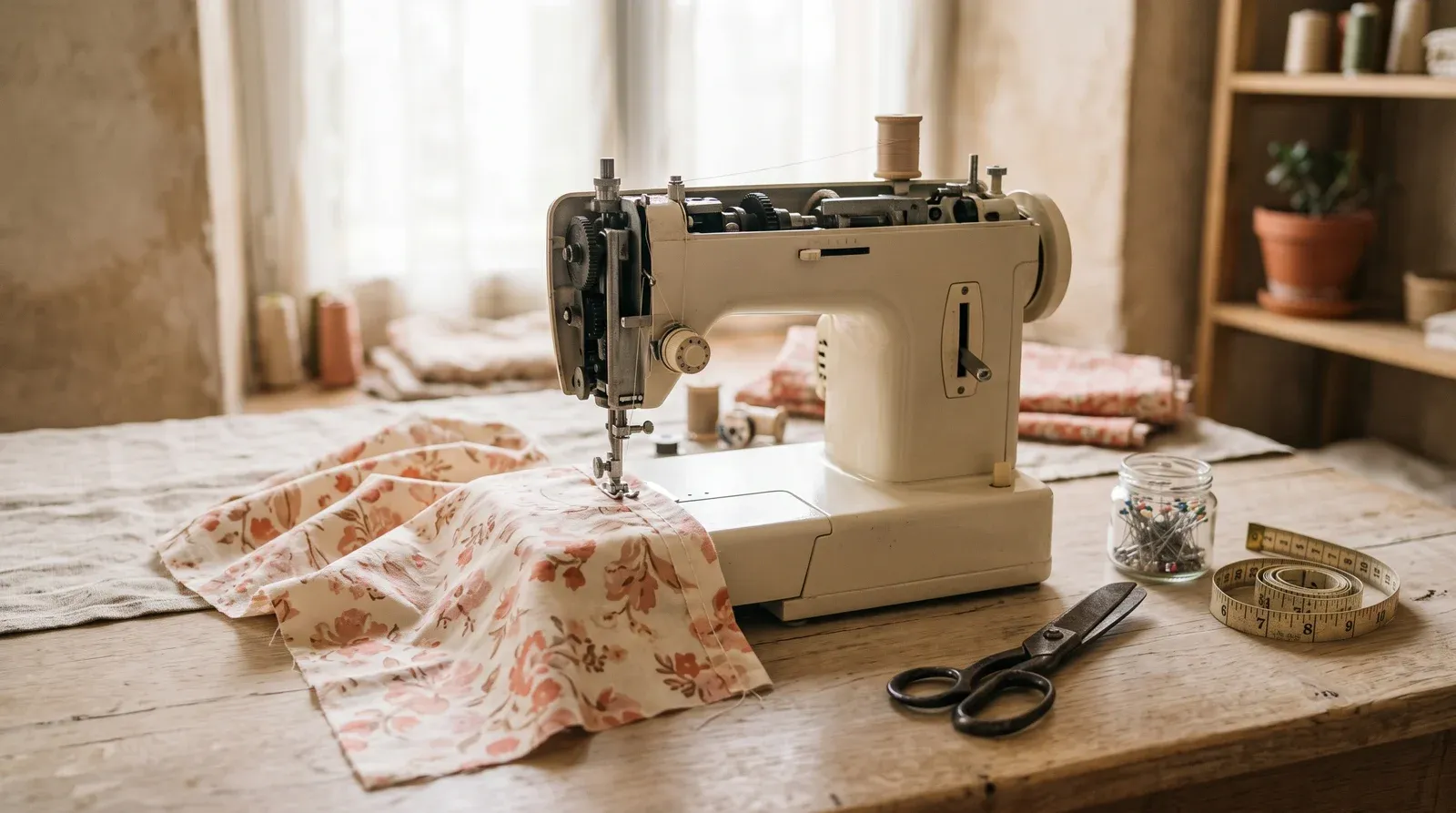 Machine à coudre crème près d'une fenêtre, tissu fleuri corail engagé sous l'aiguille, ciseaux, bocal d'épingles et mètre ruban jaune déroulé sur une table en bois clair