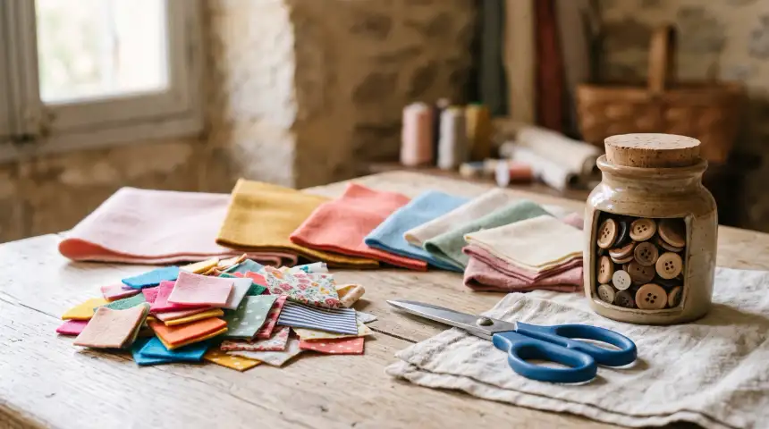 Carrés de feutrine colorée, chutes de coton et ciseaux à bouts ronds pour enfant
