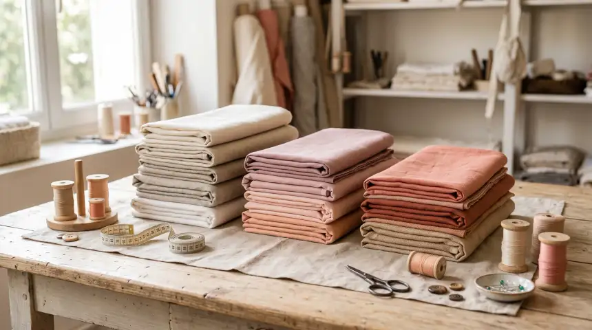Trois piles de tissus pliés — crème, rose poudré et corail — sur une table en bois clair, entourées de bobines de fil en bois, d'un mètre ruban déroulé, de boutons et de petits ciseaux